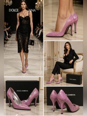 Dolce & Gabbana Runway Croc-Embossed Leather Stiletto Pumps Violet Heels 39 NIB